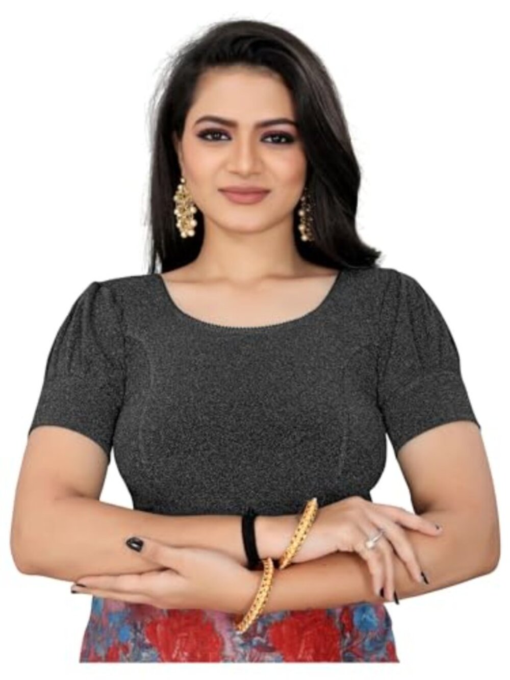 Stretchable Polysaree Blouse Round Neck Half Sleeve Saree Top